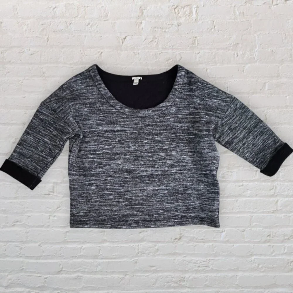 J CREW Black Gray Marled Wool Blend Scoop Neck Crop Top Elbow Sleeve Pullover S
